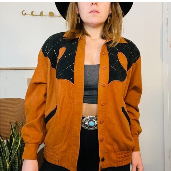 Vintage 1993 Sienna Orange Silk Beaded Button Front Bomber Jacket - Picture 1 of 11